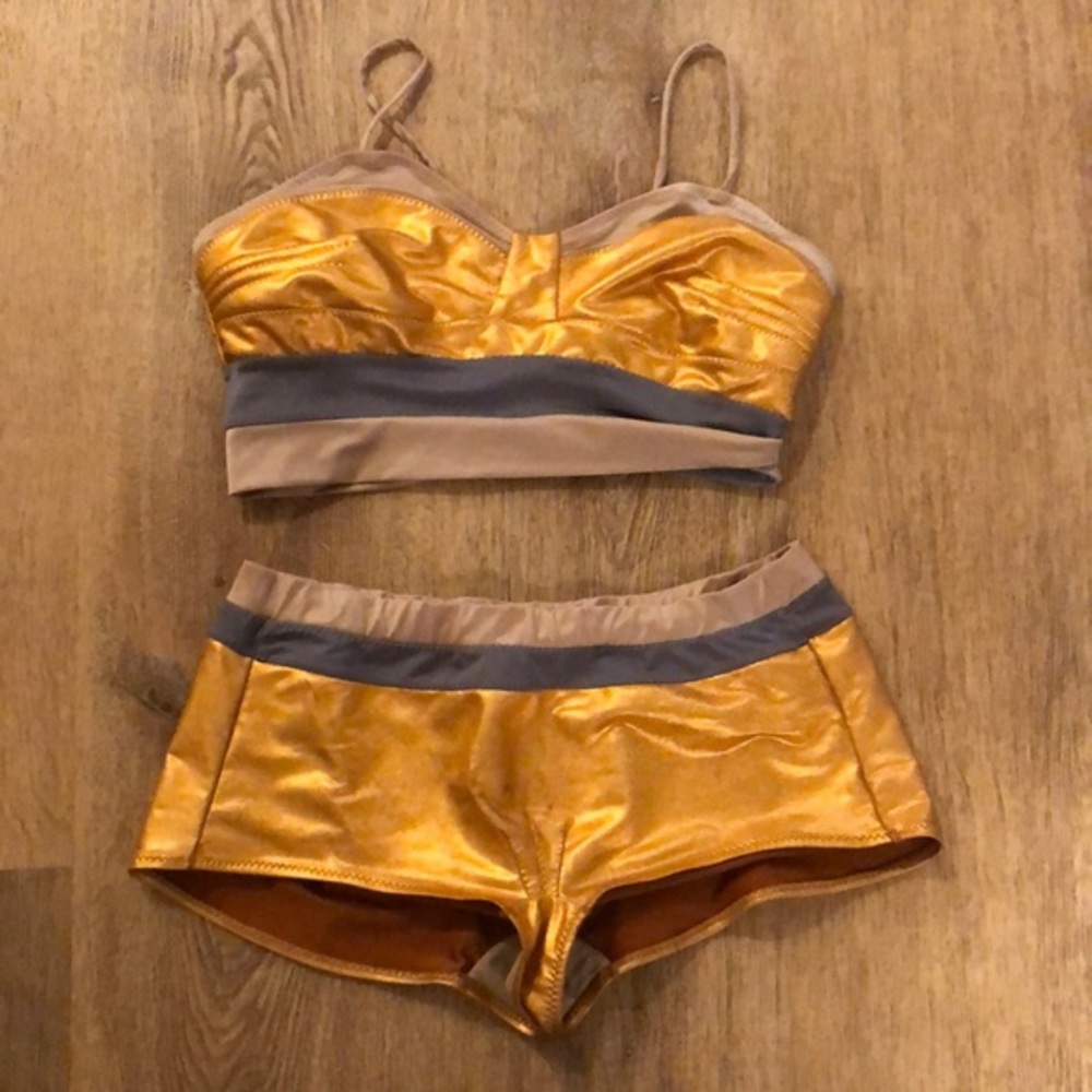 VPL Free People Gold Copper Orange Lame Bikini Swimsuit L M